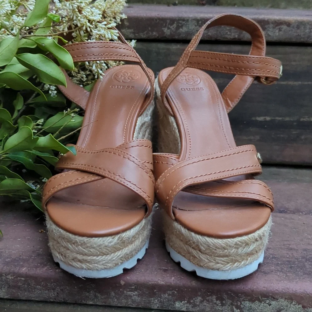 Guess Genisi Tan Espadrille Wedge Platform Sandals SZ 9.5 Summer Casual High‎